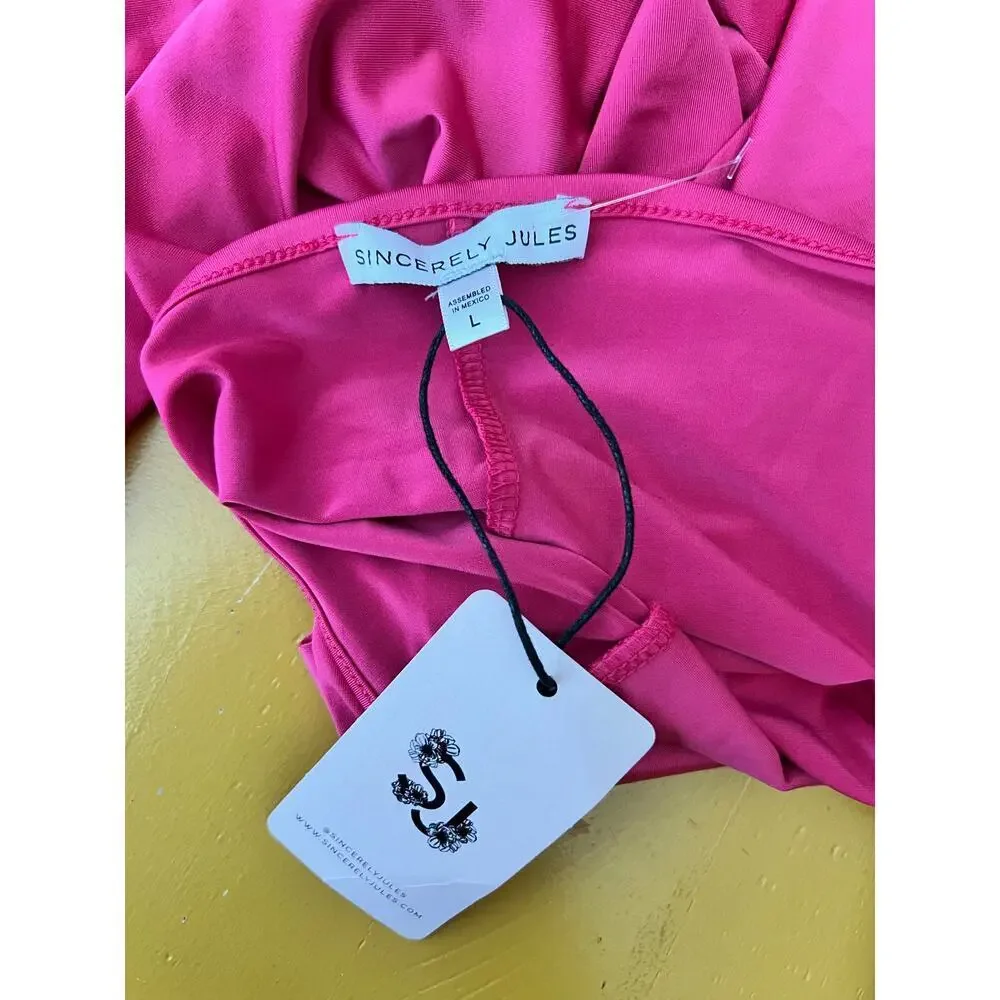 ☀️Sincerely Jules Hot Pink Halter Tie Neck Cowl Neck Slip Midi Dress Size L NWT - Picture 4 of 6